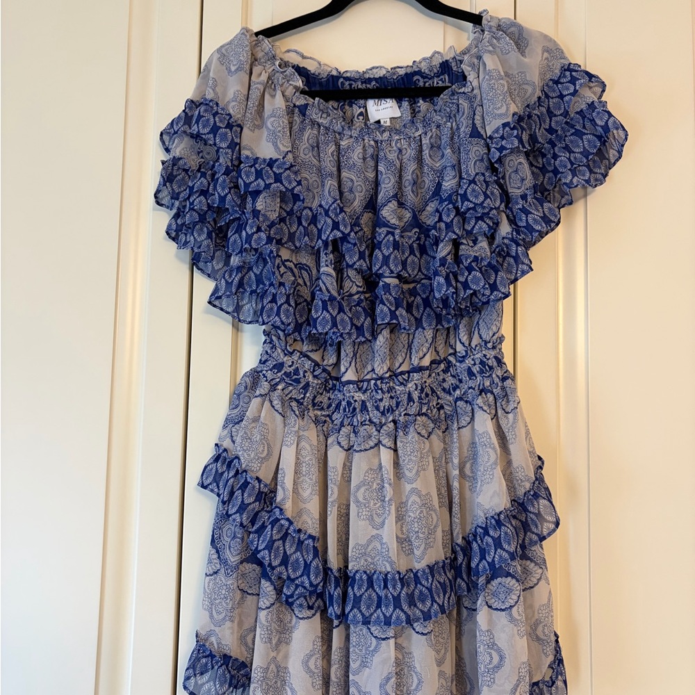 Misa Los Angeles Blue and White Ruffle Paisley Mini Dress